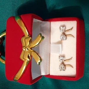 Gold and CZ Bow Pierced Earrings
